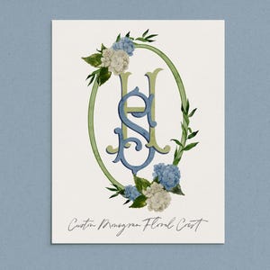 Hydrangea Wedding Crest, Semi Custom Crest with Blue Hydrangeas, Watercolor Wedding Crest Personalized Monogram, Floral Crest Wedding Logo