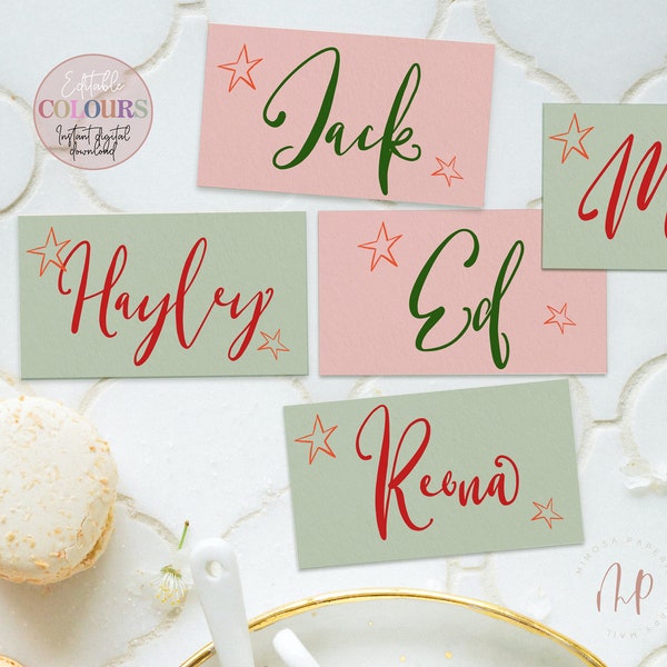 Christmas Place Cards Template, Printable Calligraphy Name Cards, Holiday Place Setting, INSTANT Editable Download