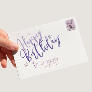 Sjabloon envelop adres 3 maten, aangepaste kleur kalligrafie verjaardagskaart A7 envelop adres afdrukbare volledig bewerkbare sjabloon Harper