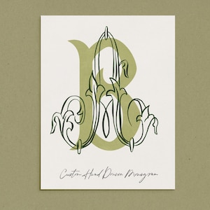 May include: A green and white custom hand-drawn monogram with the letter "R" in a decorative font.