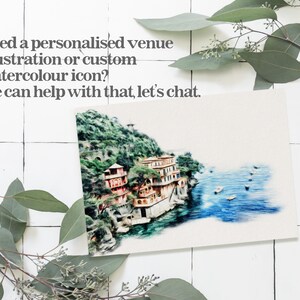 May include: A watercolor illustration of a coastal town with buildings on a hillside overlooking a blue sea with boats. The text "Need a personalised venue illustration or custom watercolour icon? We can help with that, let's chat." is at the top of the image.