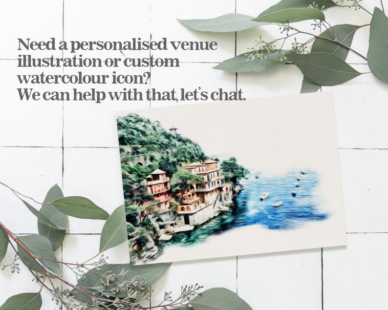 May include: A watercolor illustration of a coastal town with buildings on a hillside overlooking a blue sea with boats. The text "Need a personalised venue illustration or custom watercolour icon? We can help with that, let's chat." is at the top of the image.