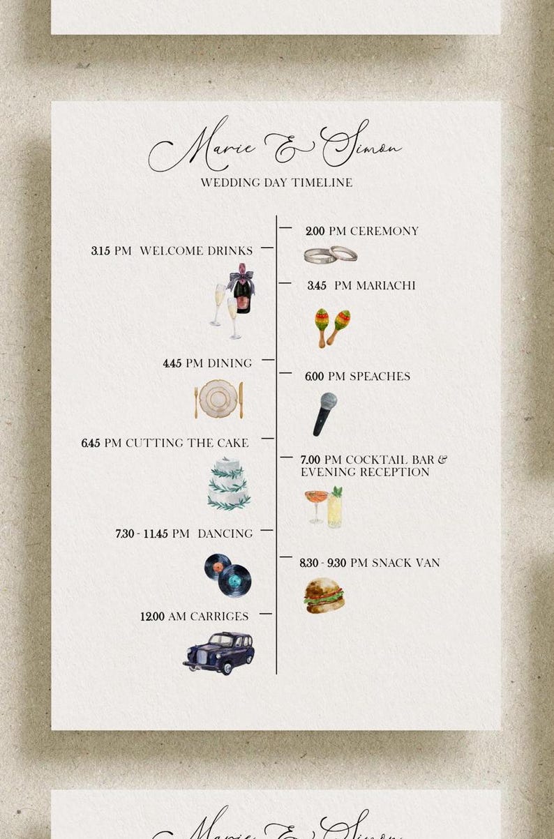 small Wedding weekend Timeline Template, Editable DIY Wedding Itinerary Template, 160+ Watercolor Illustration icons, Editable Printable Wedding Program. illustrated wedding order of events printable template. printable itinerary with icons order of