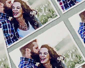 May include: A watercolor save the date card with a couple embracing. The card features a watercolor background with a white text overlay that says "Save the Date" and the date "05.11.24". The text "Jack & Helen" is also included on the card.
