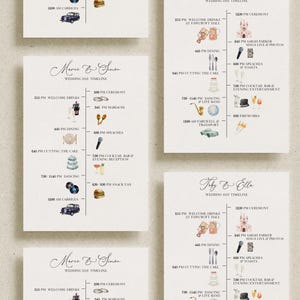 wedding day timeline printable template. Whimsical illustrated wedding itinerary DIY ediatable printable template. 5x7 calligraphy script wedding timeline hand written wedding itinerary with watercolor icon. Watercolor wedding timeline template 5x7