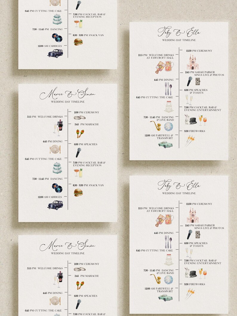 wedding day timeline printable template. Whimsical illustrated wedding itinerary DIY ediatable printable template. 5x7 calligraphy script wedding timeline hand written wedding itinerary with watercolor icon. Watercolor wedding timeline template 5x7