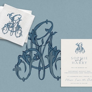 May include: A save the date card with a blue and white floral design. The card features the names "Sophie and Harry" and the date "Saturday August 2nd Twothousand and Twentysix".