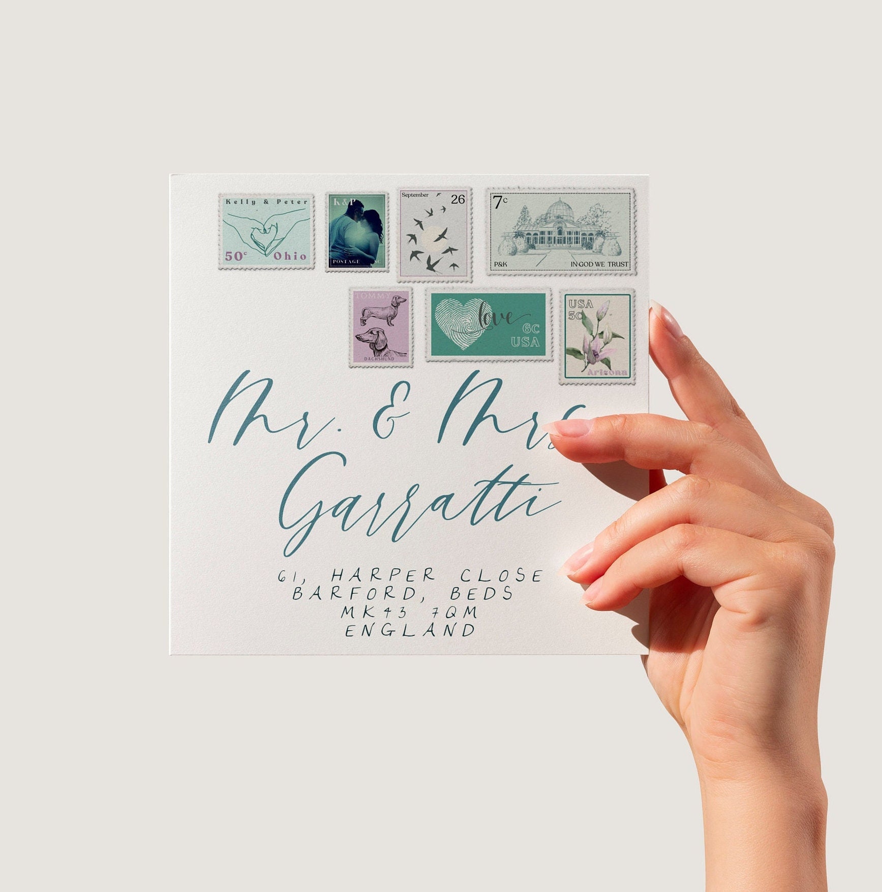 Custom Set Faux Postage Stamps, 7 Personalized Printable Decorative Stamps,  Curated Stamp Collection for Wedding Envelopes, Gift Stamp Set 