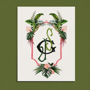 Tropical Wedding Crest, Custom illustrated Crest Personalized Wedding Crest, Hand Drawn Monogram, Family Crest, Tropical Wedding Stationery