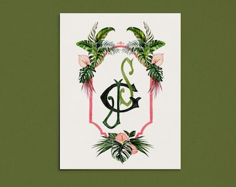 May include: A watercolor illustration of a monogram with the letters "J" and "S" in a pink frame surrounded by tropical leaves and flowers.
