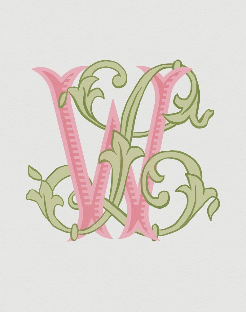 Colour Initials Custom Watercolor Wedding Monogram: Vintage Hand Drawn Initials Custom ...