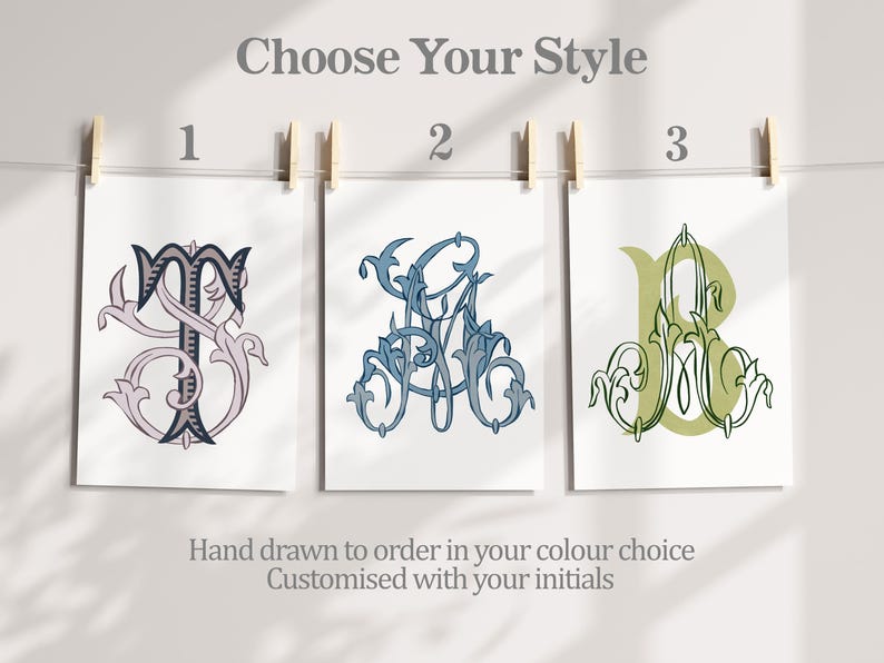 Overlapping Intials Script Custom Watercolor Wedding Monogram: Vintage Hand Drawn Initials Custom ...