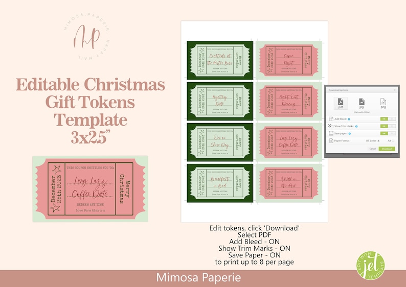 Christmas Gift Tokens Editable Custom Love Tokens Etsy