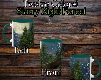 Starry Night Forest Accent Coffee Mug, 11oz - Serene Moon and Stars Design for Nature Lovers | Rustic Ceramic Cup | (No Fox)