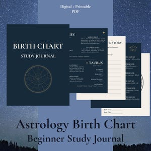 Könnte beinhalten: Ein digitales und druckbares PDF-Geburtshoroskop-Studienjournal mit dunkelblauen und cremefarbenen Seiten. Das Cover zeigt den Text Birth Chart Study Journal mit einer kreisförmigen Tierkreisgrafik und Linien zum Ausfüllen.