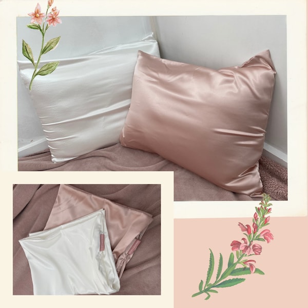 Pair Luxury Satin Pillowcases for Hair Skin | 2x Pillowcase | Standard Size 50 x 65 cm | Zip Closure | Curly Girl Hair | Silky Smooth Fabric