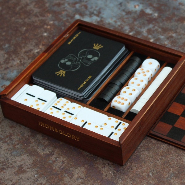 Games Night | 4 In 1 Wooden Games Compendium | Dice Set, Playing Cards, Dominoes Set & Checkers | Travel Games  | Adult Board Games
