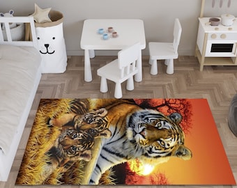 Dywan prostokątny Tiger Family, bawełna, poliester, dekoracja pokoju dziecięcego