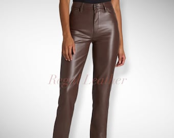 Chic Women's Lambskin Leather Pants - Brown Slim Fit Trousers | Stylish & Comfortable | Premium Quality Leather Pants for Women