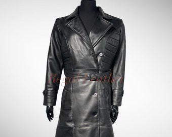 Dames zwarte lamsvacht leren jas, dames lederen trenchcoat, dames vrijetijdskleding lange jas, gepersonaliseerd cadeau