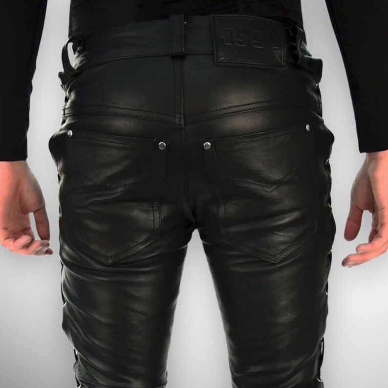 Men's Gay Leather Pants Genuine Lambskin Lace up Style Gay Pants