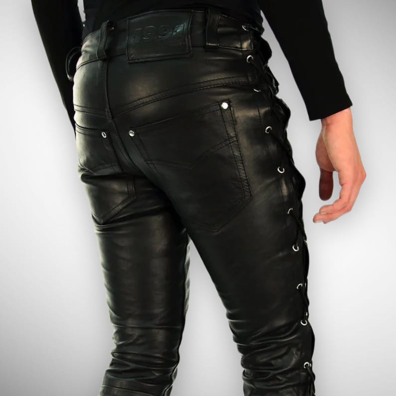 Men's Gay Leather Pants Genuine Lambskin Lace up Style Gay Pants