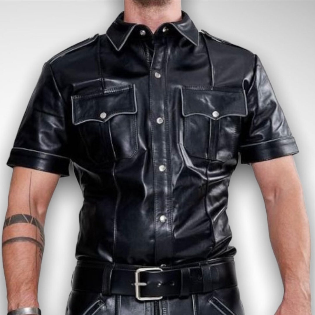 Genuine Sheep Leather Gay Shirt, Uniform Gay Leather Shirt, Bluff ...