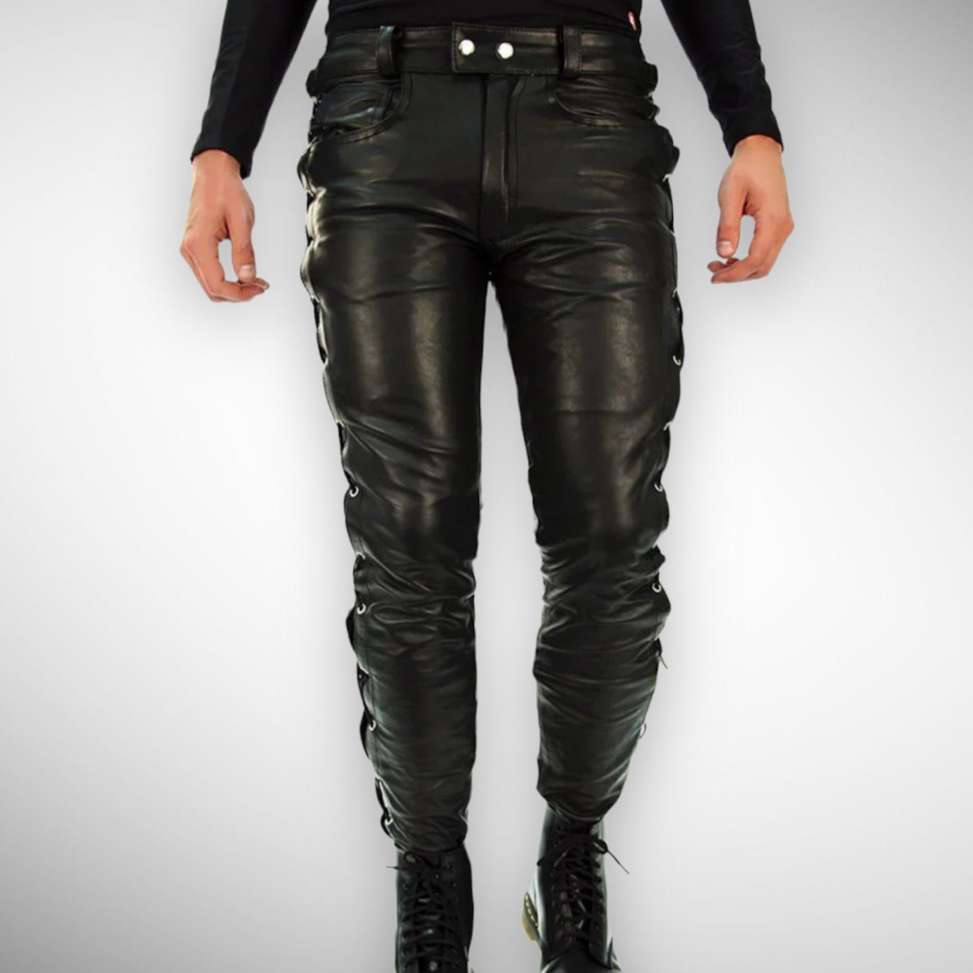Men's Gay Leather Pants Genuine Lambskin Lace up Style Gay Pants ...