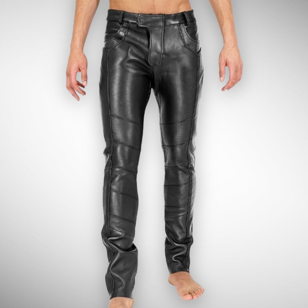 Men's Hot Gay Leather Pants, Genuine Lambskin Leather Pants, Black