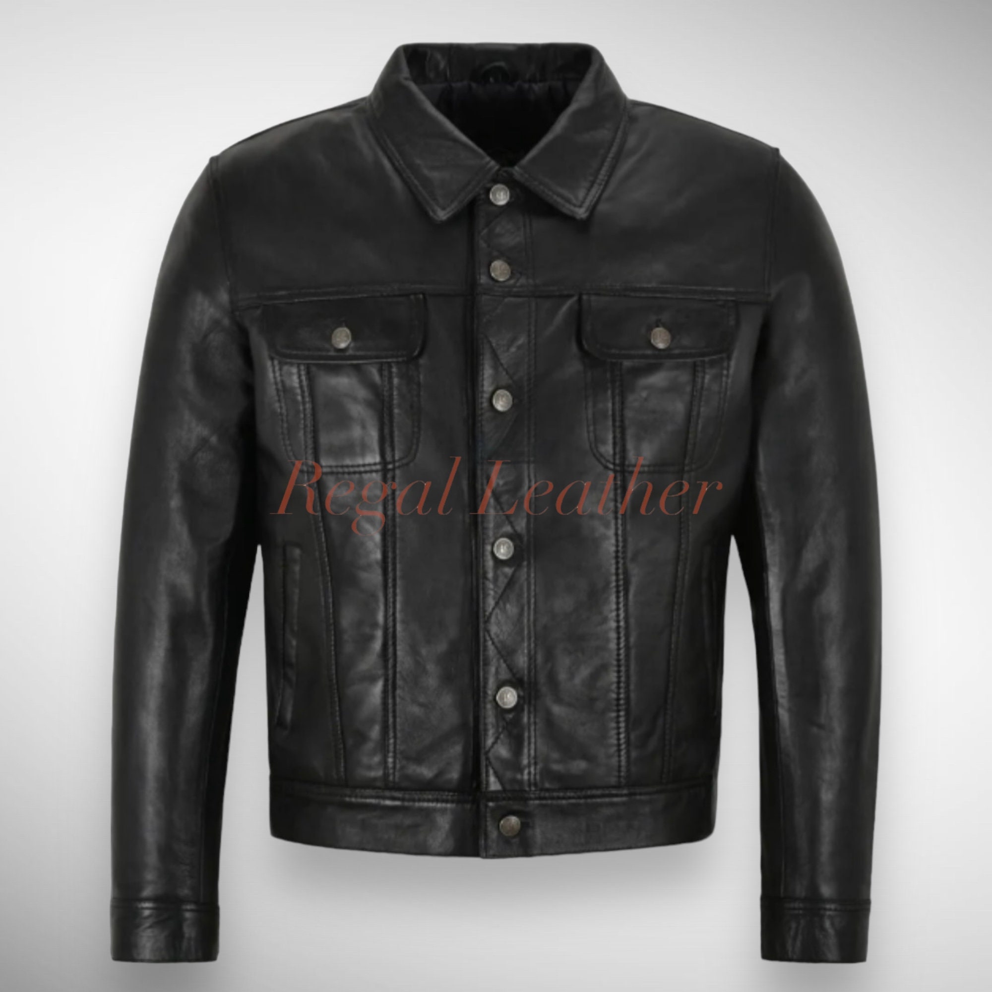 Premium Men's Black Trucker Leather Jacket - Genuine
