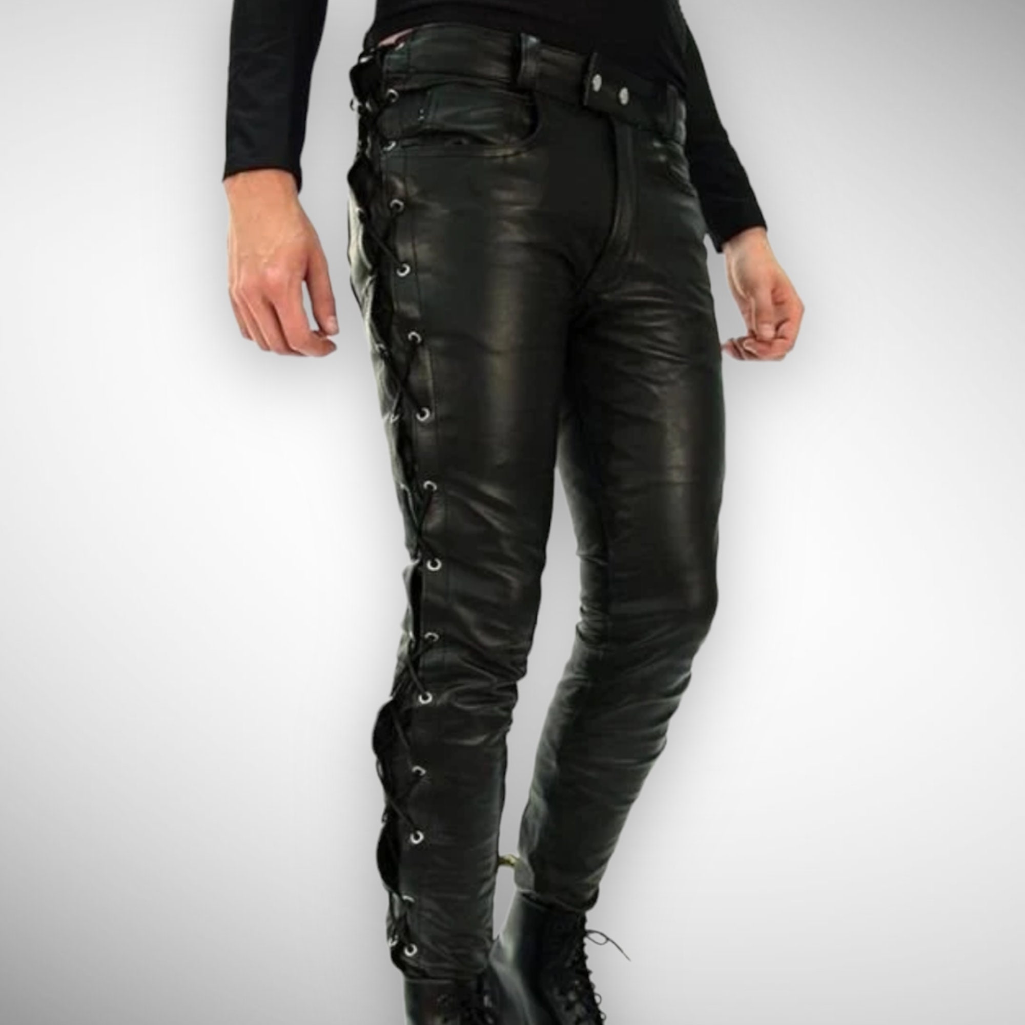 Men's Gay Leather Pants Genuine Lambskin Lace up Style Gay Pants ...