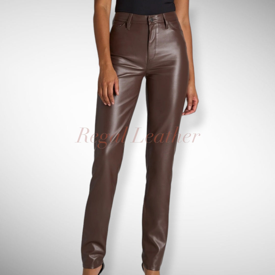 Chic Women's Lambskin Leather Pants Brown Slim Fit Trousers Stylish