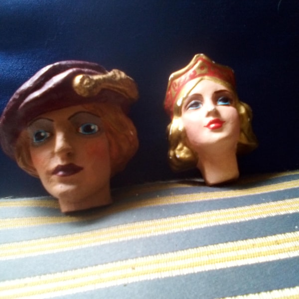 A must see! 2 antique marionette/puppet/poupee heads from France, medieval page & princess