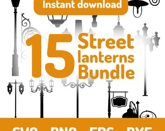15 Street lantern silhouettes bundle, .eps, .dxf, printable PNG, SVG