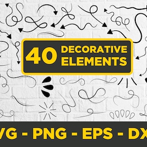 40 éléments décoratifs, griffonnages, flèches, ornements, SVG, PNG