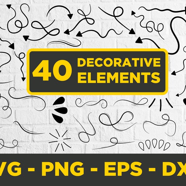 40 Decorative elements, doodles, arrows, swashes, SVG, PNG