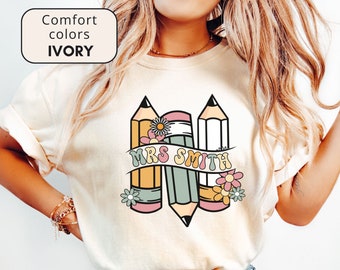 Comfort colors custom Teacher name shirt, personalized teacher shirt, retro teacher pencil tshirt, gift for teacher, back to school t-shirt