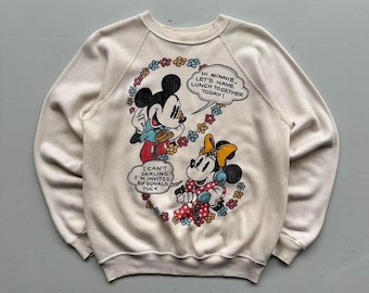 Sudadera blanca con estampado vintage de Disney Mickey y Minnie de los años 80 - Talla XS para hombre / Talla 8 para mujer