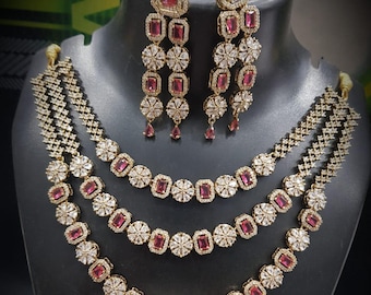 American diamond CZ Necklace Earrings Set Gold Plated Ethnic AD CZ Jewelry