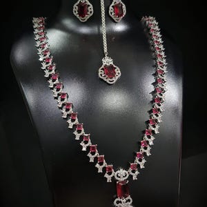 American Diamond CZ Long Necklace Set : silver Plated  indian wedding Bridal jewelry set