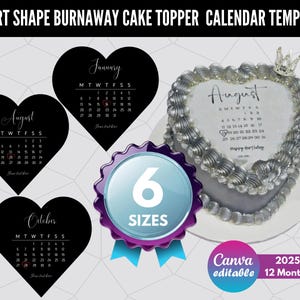 Modelo de calendário de topo de bolo Burn Away, topo de bolo personalizado em formato de coração, topo de bolo editável, modelo de calendário 2025, topo de bolo de aniversário