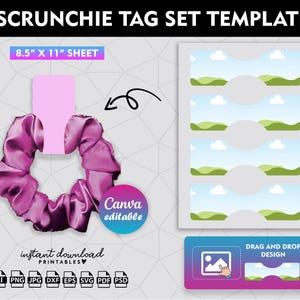 May include: A printable template for scrunchie tags. The template is designed to be used with Canva and includes a scrunchie, a sheet of tags, and a drag and drop design area. The tags are 8.5 inches by 11 inches and are available in a variety of formats, including AI, PNG, JPG, DXF, EPS, SVG, PDF, and PSD.