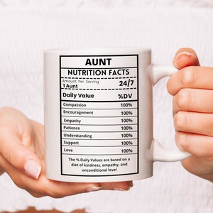 May include: White ceramic mug with a black and white design that reads "Aunt Nutrition Facts" with a list of positive qualities and their percentage daily value. The mug is held by a person's hands.