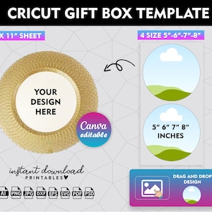 May include: A Cricut gift box template with a gold and white design. The template is for a box that can be customized with your own design. The template is available in four sizes: 5 inches, 6 inches, 7 inches, and 8 inches. The template is also available in a variety of file formats, including AI, PNG, JPG, DXF, EPS, SVG, PDF, and PSD.