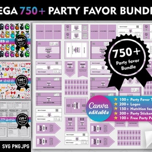 May include: A digital download bundle of 750+ party favour templates, logos, nutrition facts, stickers, and free party props. The bundle is editable in Canva and includes a variety of themes, including Among Us, birthday, and more.