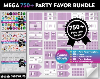 May include: A digital download bundle of 750+ party favor templates, logos, nutrition facts, stickers, and free party props. The bundle is editable in Canva and includes a variety of themes, including Among Us, birthday, and more.