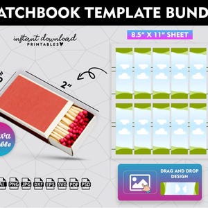 May include: A matchbook template bundle featuring a red matchbox (5.08cm x 3.81cm) and an A4 sheet of templates. The matchbox is open, showing matches with red tips. The design includes the text "MATCHBOOK TEMPLATE BUNDLE" and "instant download PRINTABLES".