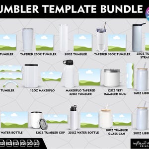 Könnte beinhalten: Ein Set mit 10 Tumbler-Vorlagen für Sublimationsdesigns. Die Vorlagen umfassen verschiedene Größen und Stile von Tumblern, darunter gerade, konische und Makerflo. Die Vorlagen sind mit einem grünen und blauen Landschaftsmuster gestaltet. Der Text "Tumbler Template Bundle" und "Canva editable" ist oben im Bild sichtbar.