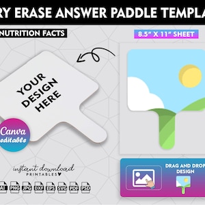 Op de afbeelding: Een witte droog uitwisbare antwoordpaddle sjabloon met de tekst "YOUR DESIGN HERE" erop. De sjabloon is 8,5 inch bij 11 inch en kan worden bewerkt in Canva. De afbeelding toont ook een voorbeeldontwerp van een blauwe lucht met een witte wolk en een gele zon.