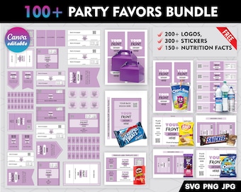May include: A digital download of 100+ party favor templates in purple and white. The templates include labels for various snacks, drinks, and treats. The text "100+ PARTY FAVORS BUNDLE" is at the top of the image. The text "200+ LOGOS, 300+ STICKERS, 150+ NUTRITION FACTS" is in a checklist format. The text "SVG PNG JPG" is at the bottom of the image.